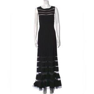 Tadashi Shoji black sleeveless ribbed maxi mesh stripe gown dress size Small